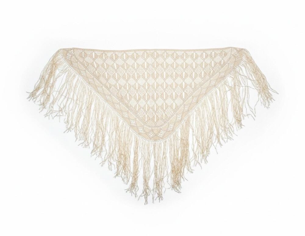 Boho Ivory Crochet Triangle Shawl Wrap Long Fringe
